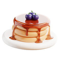 3D render of fluffy pancakes topped with golden syrup and fresh berries. The transparent background makes it perfect for various food-related design projects and digital content