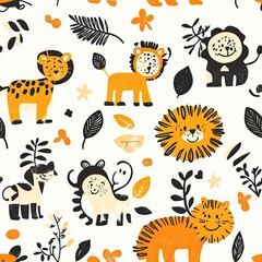 Naklejka premium Adorable Jungle Animals Seamless Pattern: Orange and Black Cute Lions, Tigers, and Zebras in a Whimsical Design for Kids