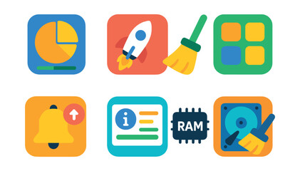 Flat vector icons of mobile system tools: storage usage icon, performance booster, cache cleaner, app manager, update notifier, system info panel, RAM monitor, disk cleanup icon.