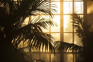 Golden sunlight filtering through greenhouse palms.