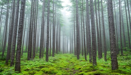 Obraz premium A Tranquil Forest Scenery Emerges into Foggy Ambiance within Serene Evergreen Woodland