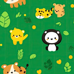 Naklejka premium Adorable Cartoon Animals in a Lush Green Jungle Paradise: A Delightful Children's Illustration