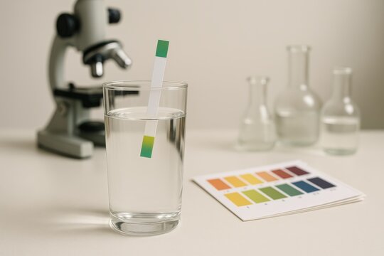 Testing water quality with pH strips and microscope in laboratory setting