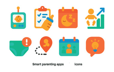 Flat vector icons of smart parenting apps: baby monitor icon, feeding log, sleep schedule, growth chart, diaper change alert, milestones tracker, family calendar, parenting tips icon.