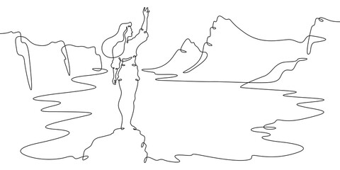 Continuous one line drawing woman on the shore of a mountain lake. Lake at the foot of high mountains. Mountain landscape.