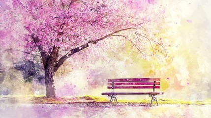 Peaceful cherry blossom park bench scene.