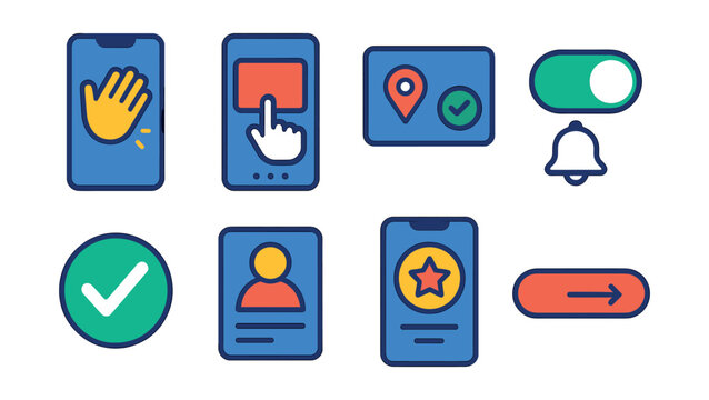 Flat vector icons of app onboarding screens: welcome screen, tutorial swipe, permission request, notification toggle, success check icon, profile setup, feature tour, finish setup button.