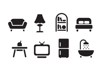 Minimalist home furniture icons sofa, lamp, bed, shelf, dining table, fridge, TV, and shower vector