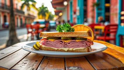 tasty sandwich on a table in a street cafe, Cuba traditional food