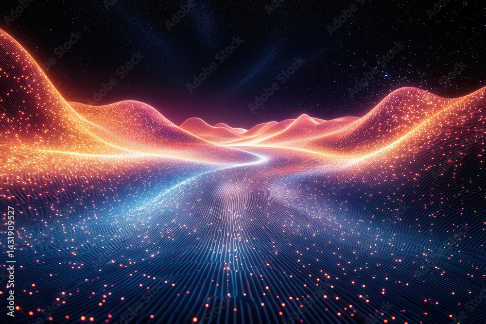 Poster glowing particle landscape with a winding path under a starry night sky.