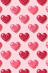 Cute pattern of glossy red and pink hearts on soft pink background. Ideal for Valentine’s Day, wrapping paper, or romantic design themes.