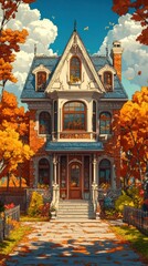 Fototapeta premium Charming fantasy house surrounded by colorful autumn trees under a bright blue sky at twilight