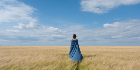 A person wearing a blue cape stands in a vast, golden field under a wide, clear blue sky with scattered clouds, creating a serene and open atmosphere