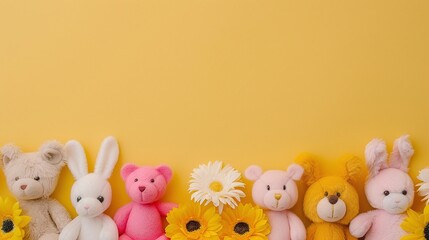 stuffed animal toys, colorful background display, yellow floral setting, playful characters, pastel plush decor, cheerful layout, bright colors, front view composition