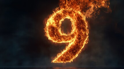 Fiery number nine, dark smoky background, abstract design, graphic design