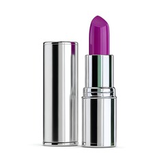 A vibrant purple lipstick in a silver tube, isolated on a clean white background