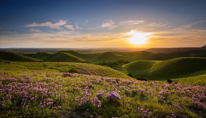 Fototapeta premium texas spring season landscape with hills and wildflowers during calm scenic sunset outdoors nature background