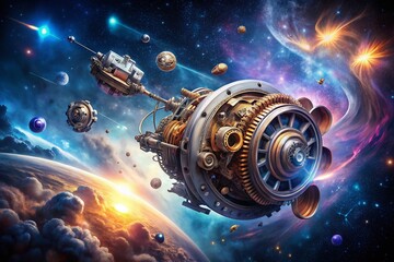 Surreal Innovation:  Detailed Product Development Sketch in Cosmic Space, Ready for Text Overlay