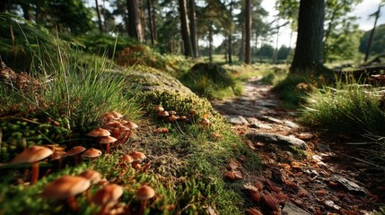 Fototapeta premium Mossy trail in Scandinavian forest with Marasmius oreades mushrooms by the path