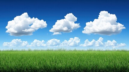 Fototapeta premium Bright and cheerful spring landscape with lush green grass and fluffy white clouds under a clear blue sky inviting tranquility and fresh beginnings