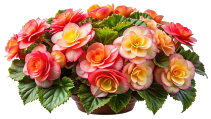 Gorgeous potted begonia plant with vibrant pink, orange, and yellow blooms