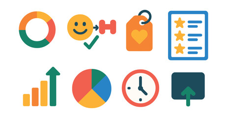  icons of personalized self-care tracking: habit ring icon, mood-to-activity match, custom care tag, favorites list, energy bar graph, self-care pie chart, time spent tracker