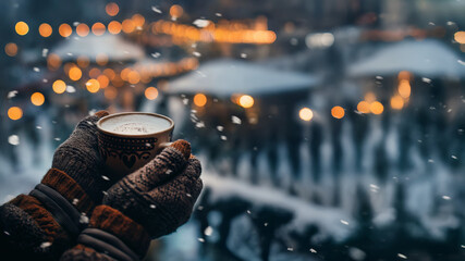 Hands in knitted gloves holding a hot drink against a backdrop of snowy Christmas market bokeh. Ideal for seasonal promotions and winter lifestyle themes.