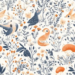 Whimsical Enchanted Forest: Birds, Animals, and Flowers in a Seamless Pattern