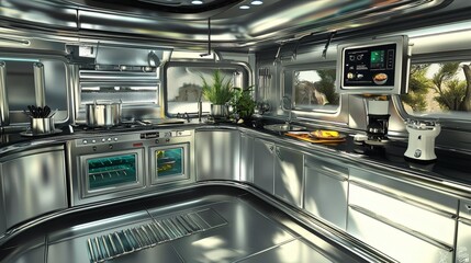 Obraz premium 71. Chrome kitchen with 60s design and digital cooking interface