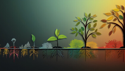 tree growth, data evolution, digital transformation, symbolic trees, development stages, conceptual illustration, growth metaphor, technology and nature, binary code, information flow, abstract forest