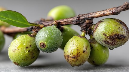 Close-up view of unripe green coffee cherries on a twig with natural texture
