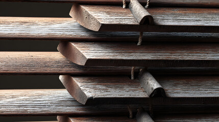 A close-up of wooden blinds showcasing rich textures and layered design against a softly lit background.