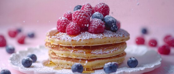 Golden pancakes topped with fresh berries on a white plate in spring