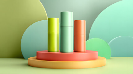 Vibrant cosmetic containers displayed on colorful podiums, creating an eye-catching aesthetic.