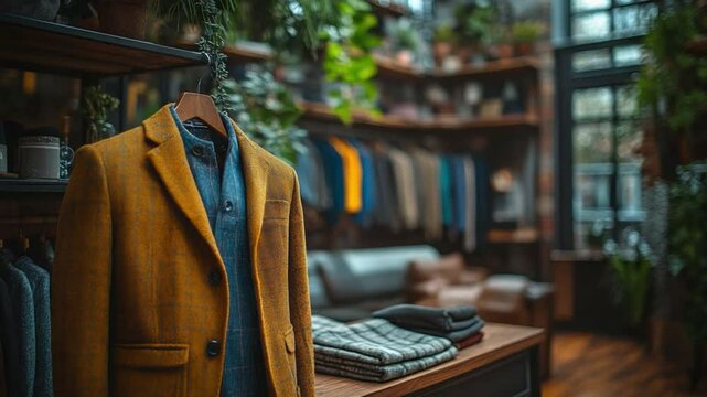 Apparel in Boutique: A stylish mustard-colored jacket hangs elegantly in a curated boutique setting, with rows of fashionable attire, creating an inviting atmosphere for customers.