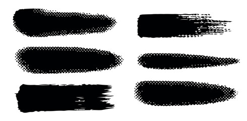 Set of black grunge brush strokes with halftone texture and rough paint edges, isolated on white background