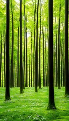 Obraz premium A Vibrant Forest Canopy Radiates Sunlight Filtering Down Through the Tall Trees in Woods of excellence