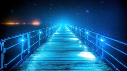 Illuminated pier, stormy night, ocean, lights, travel