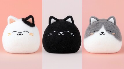 round plush cats, pastel background split, cute toy faces, black white gray set, soft lighting, symmetrical layout, playful expression, modern nursery style, front view crop
