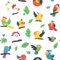 Adorable Cartoon Birds Seamless Pattern: Colorful Avians on White Background