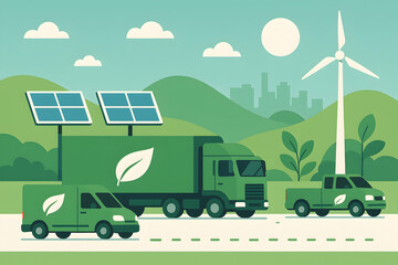 Eco-friendly vehicles on a green landscape.