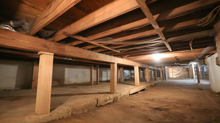 An expansive view of a dusty, unfinished basement with exposed wooden beams and concrete flooring, showcasing the structural elements.