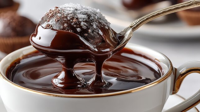 Hand-dipped chocolate truffle drips from silver tongs into glossy couverture chocolate
