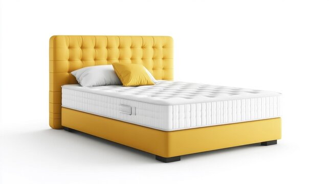 Yellow bed with box spring isolated on white background. Generative AI