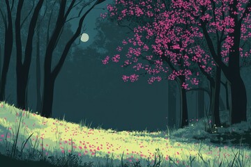 Lush, tranquil forest scene under a pale moon.