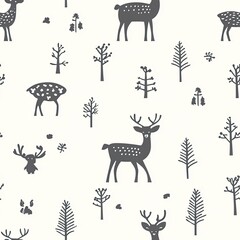 Charming Winter Wonderland Seamless Pattern: Deers, Trees, and Woodland Creatures in Monochrome