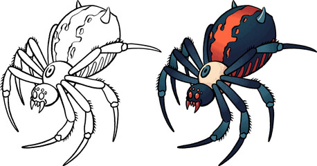 Aggressive mutant spider with sharp fangs and armored body, comic horror style, bold colors, isolated on white background