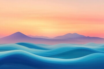 Pastel colored landscape with rolling water and mountains.