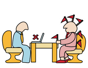 A job interview cartoon with a candidate with lots of red flags. Concept of wrong hire. 