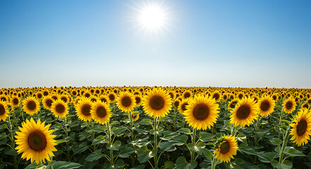 Obraz premium Vibrant Sunflower Field under Sunny Sky A Breathtaking Summer Landscape